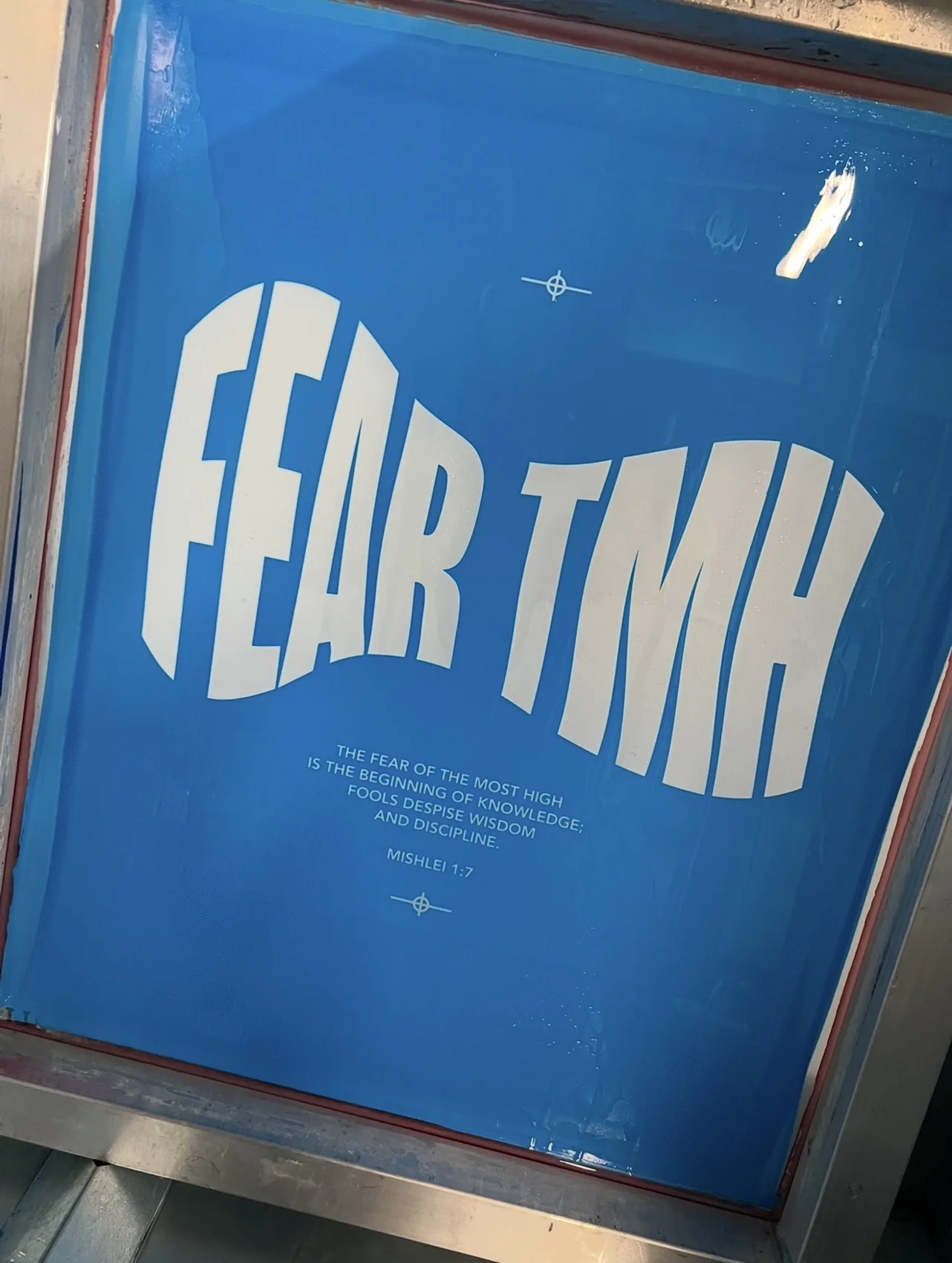 Fear TMH graphic exposed on blue screen-printing screen