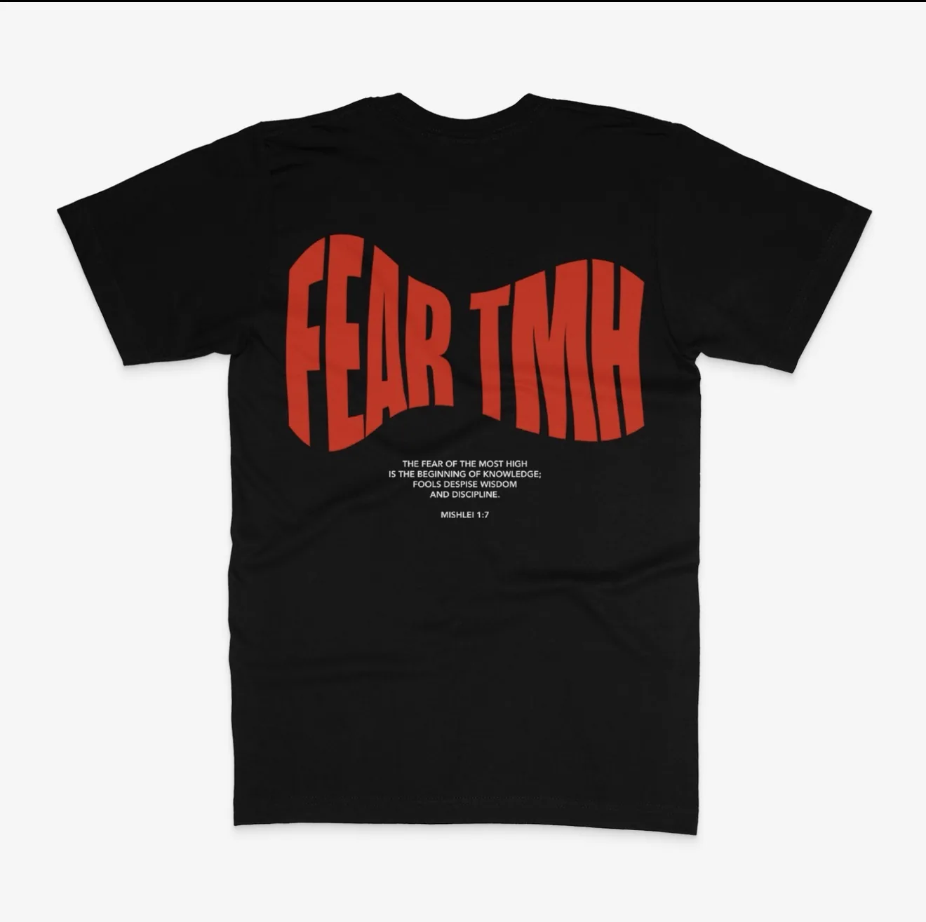 Back view of the finished black Fear TMH shirt with large red print