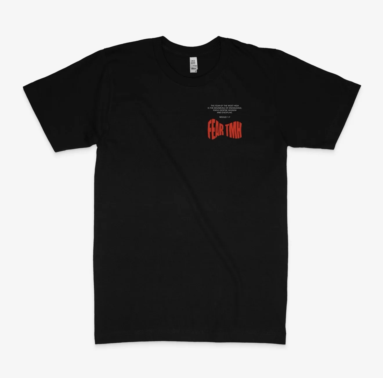 Front view of the finished black Fear TMH shirt with small red chest print